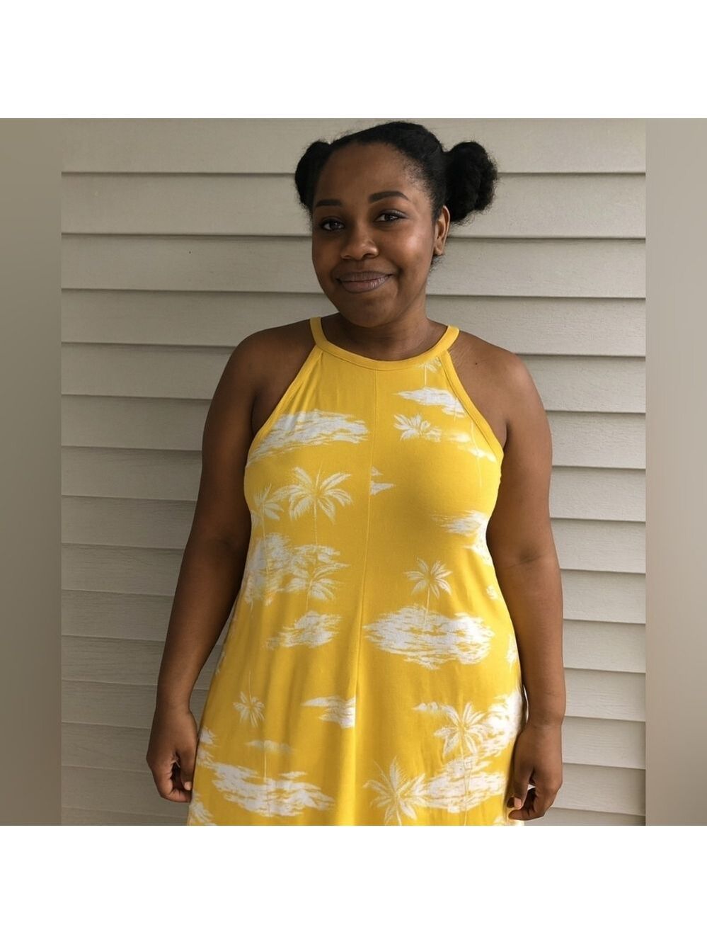 Old Navy Sun Dress YellowHawaiian palm tree tropical, vacation. Size Medium. EUC